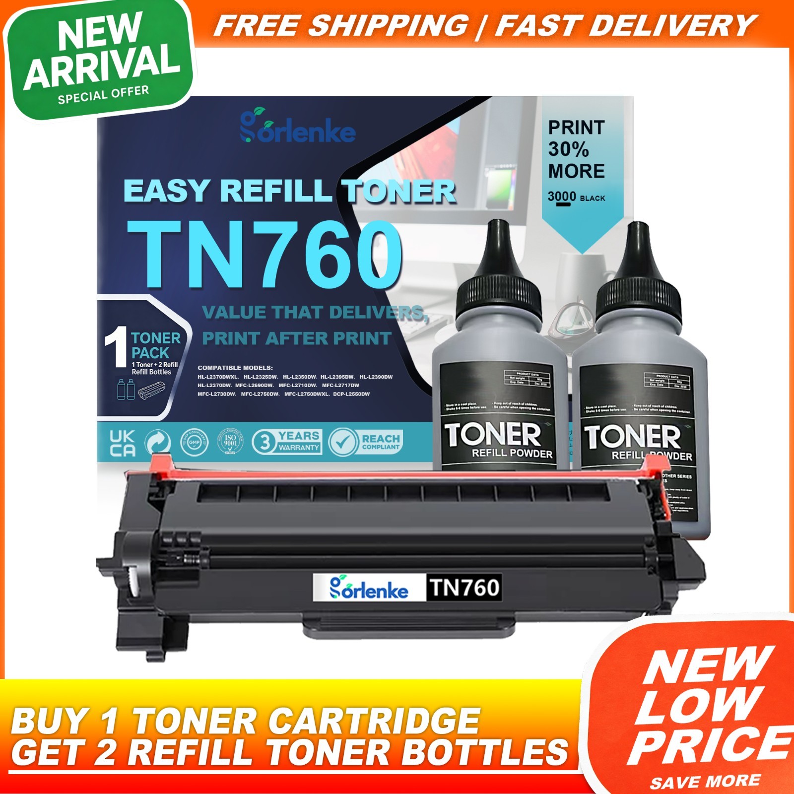 Easy Refill TN760 For Brother Toner Cartridge HL-L2395DW   HL-L2390DW   