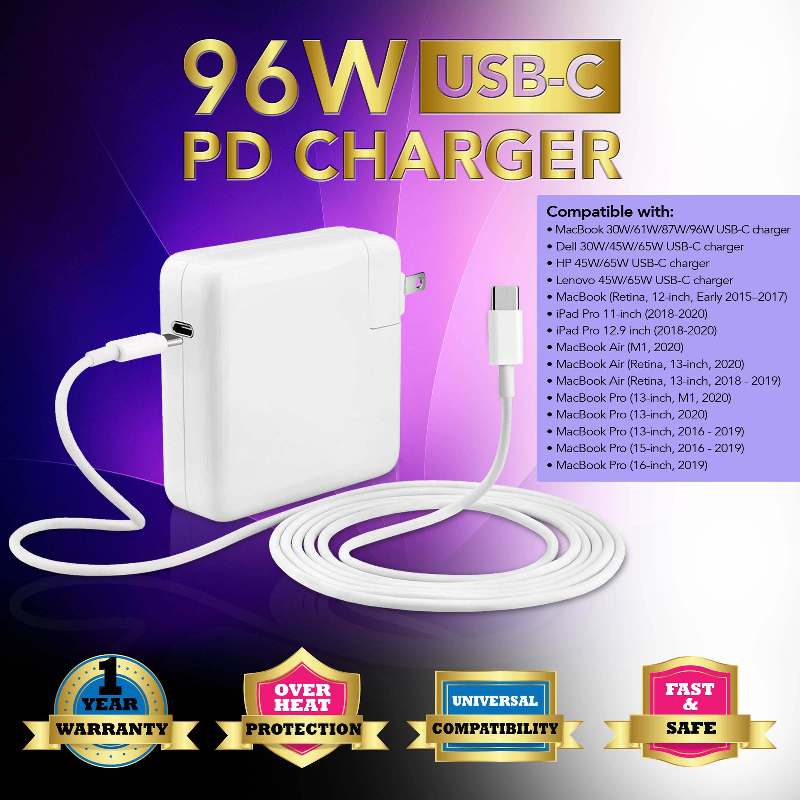 96W 87W Type C USB-C Adapter Charger For MacBook Pro/Air 16''15''13''2016-2021