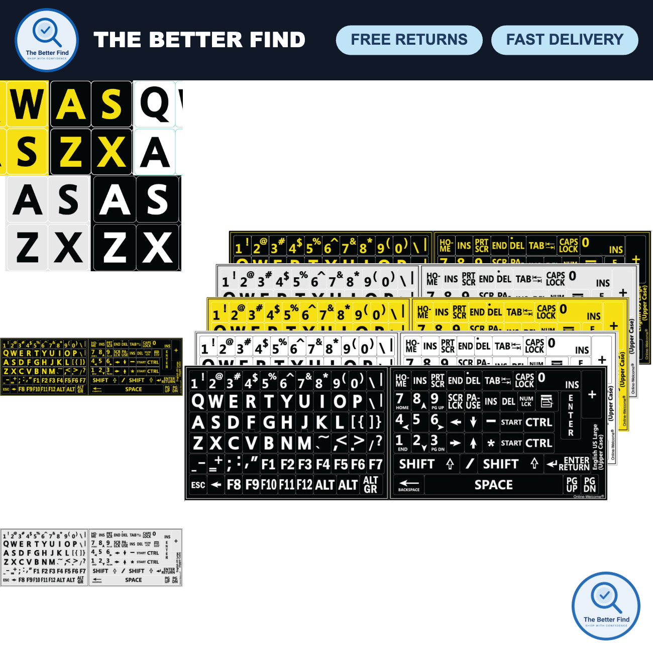 Large Print Keyboard Stickers - 5 Colors Black Yellow White Gray - US English Le