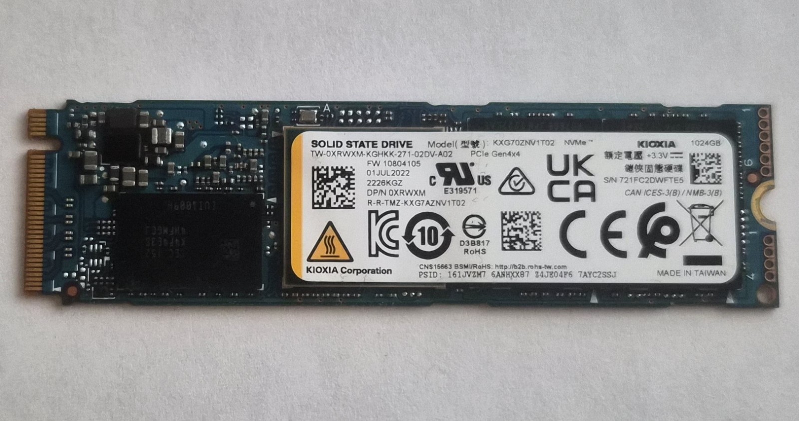 1TB Kioxia NVMe SSD, M.2 2280 PCIe 4.0 x4, R: 6,500 MB/s, W: 4,800MB/s