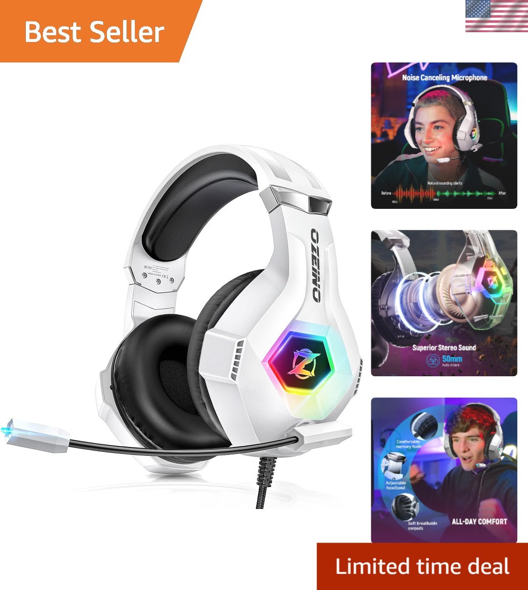 Ergonomic Over-Ear Gaming Headset with Adjustable Band & Surround Sound - White