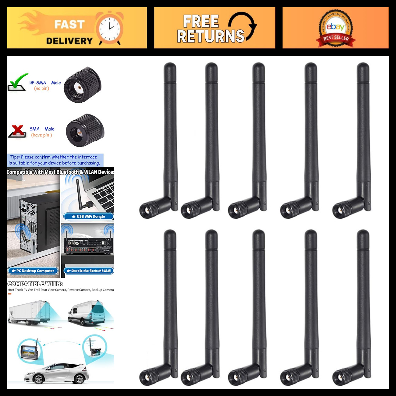 Dual Band WiFi Antenna 2.4GHz 5GHz 3dBi MIMO RP-SMA Male (10-Pack) for Router, U