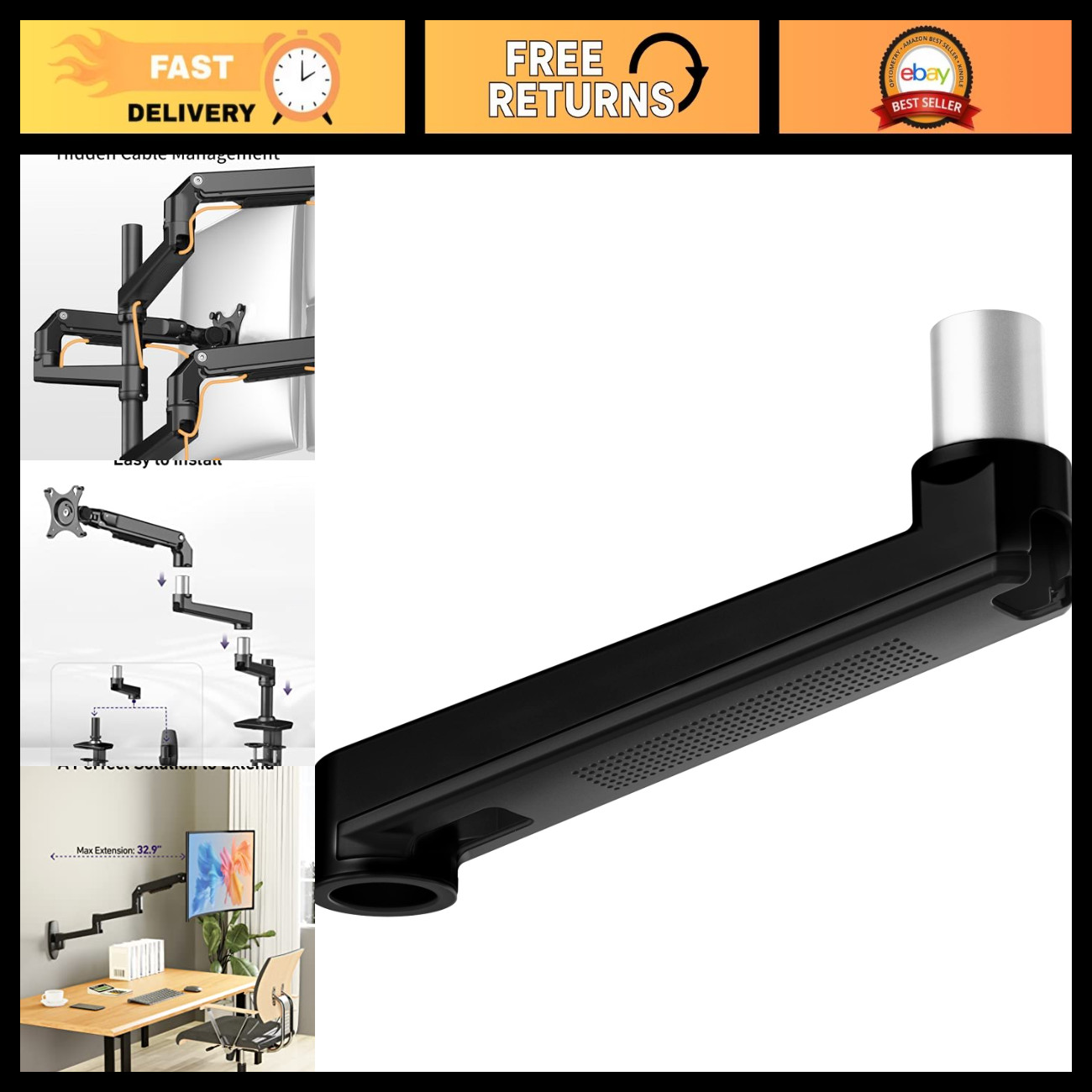 Extension Arm for Monitor Mounts - Increase Length, Upgrade E6/W6 Series, Black