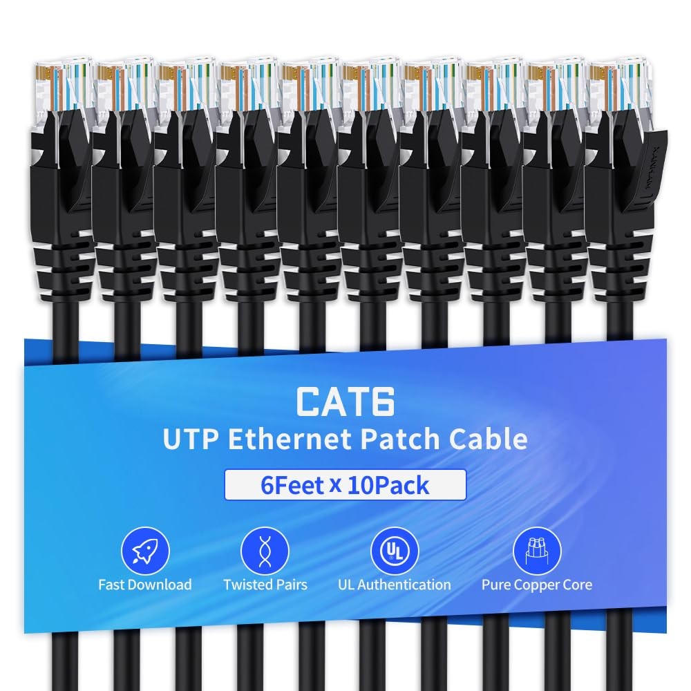 10 PCS 6 FT Cat6 Ethernet Cable Network RJ45 Internet Patch Unshielded Black