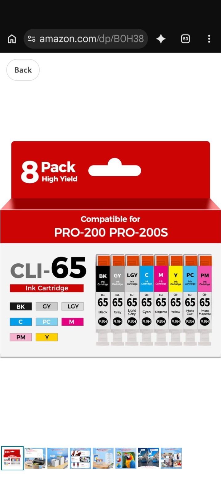 CLI-65 PRO-200 Ink Cartridge 8 Pack *New* Sealed Packages.