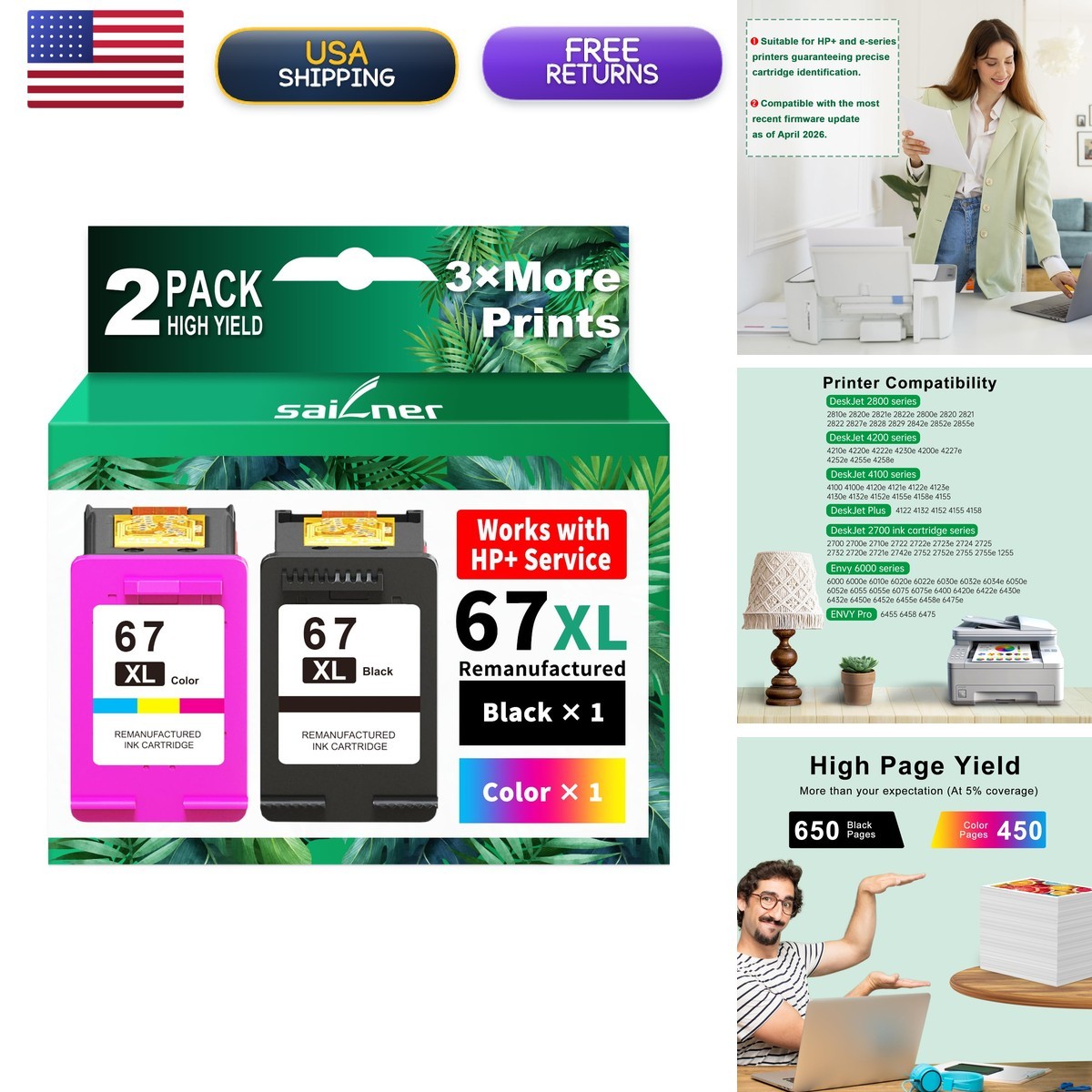 SAILNER 67XL Ink Cartridges Black/Color Combo Pack Replacement for HP 67 67XL