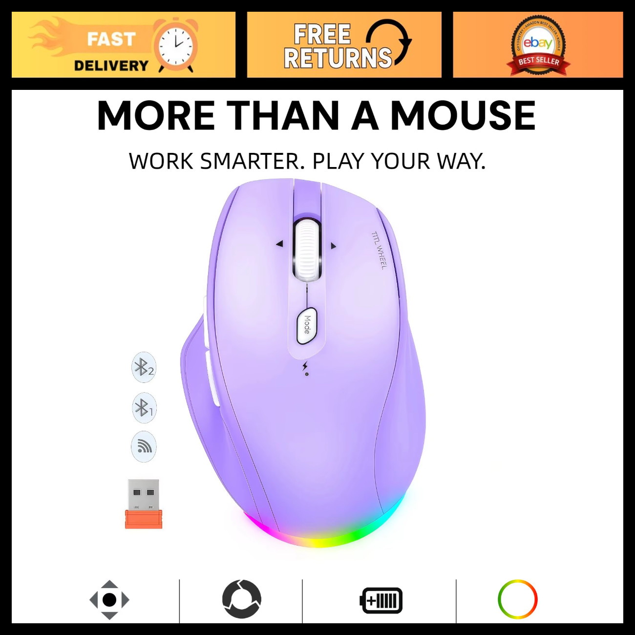 Ergonomic Wireless Mouse - Tri-Mode Bluetooth 2.4G, USB-C Rechargeable, RGB Back