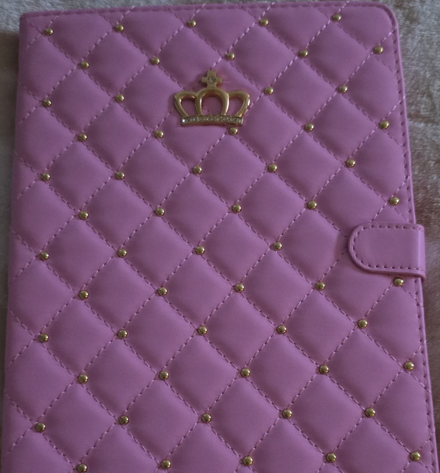 Pink Quilted Synthetic Leather Folding Folio Tablet Case with Gold Crown Accent