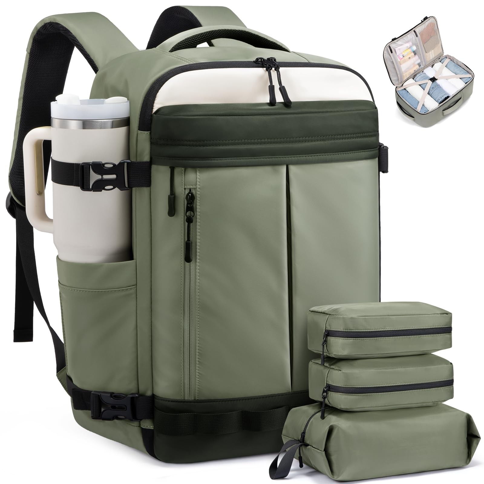 LOVEVOOK 50L Travel Backpack 4-Piece Set, Sage Green-olive Green-beige