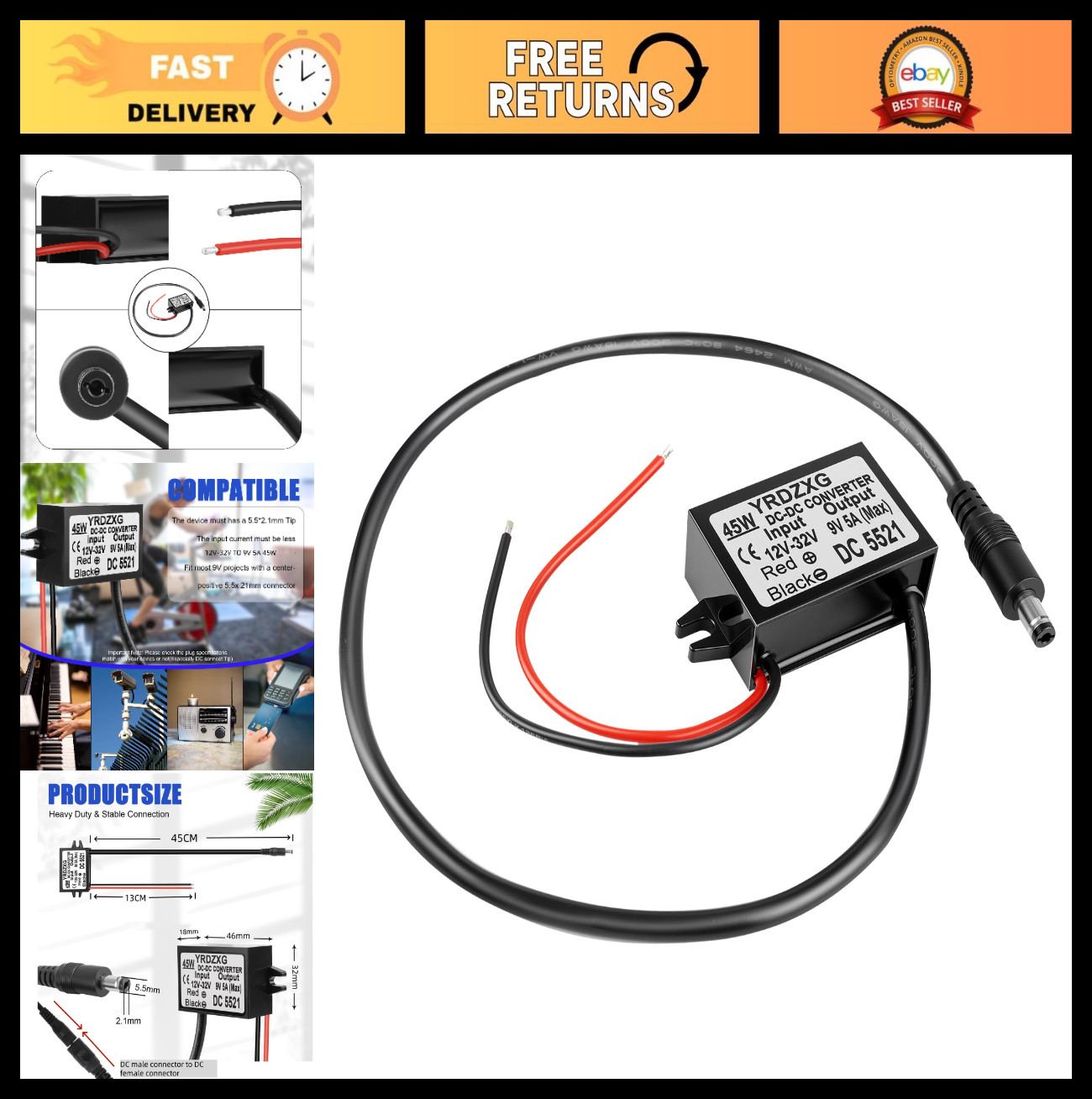Universal 9V Power Adapter 5A 45W DC Male Plug 5.5mm x 2.1mm for Routers, Humidi