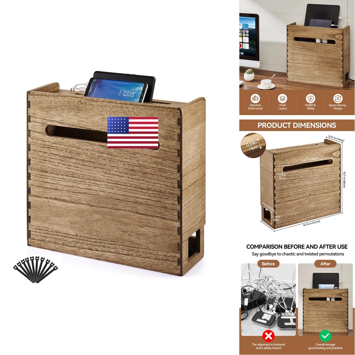 Kirigen Wifi Router Storage Wooden Cable Management 3-Tier Shelf Modem And