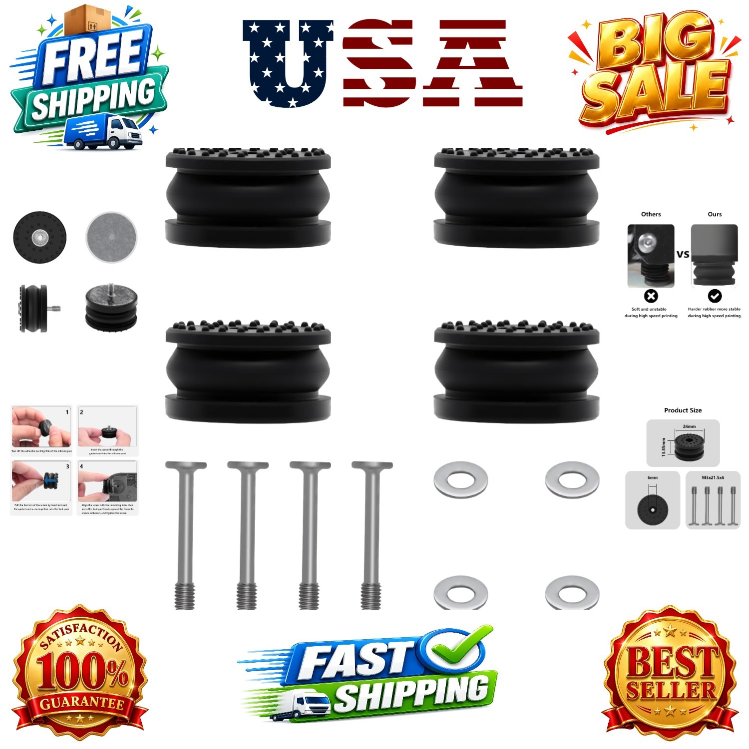 4PCS Anti-Vibration Feet Kit for Bambu Lab H2 Series, 3D Printer Parts Upgrad...