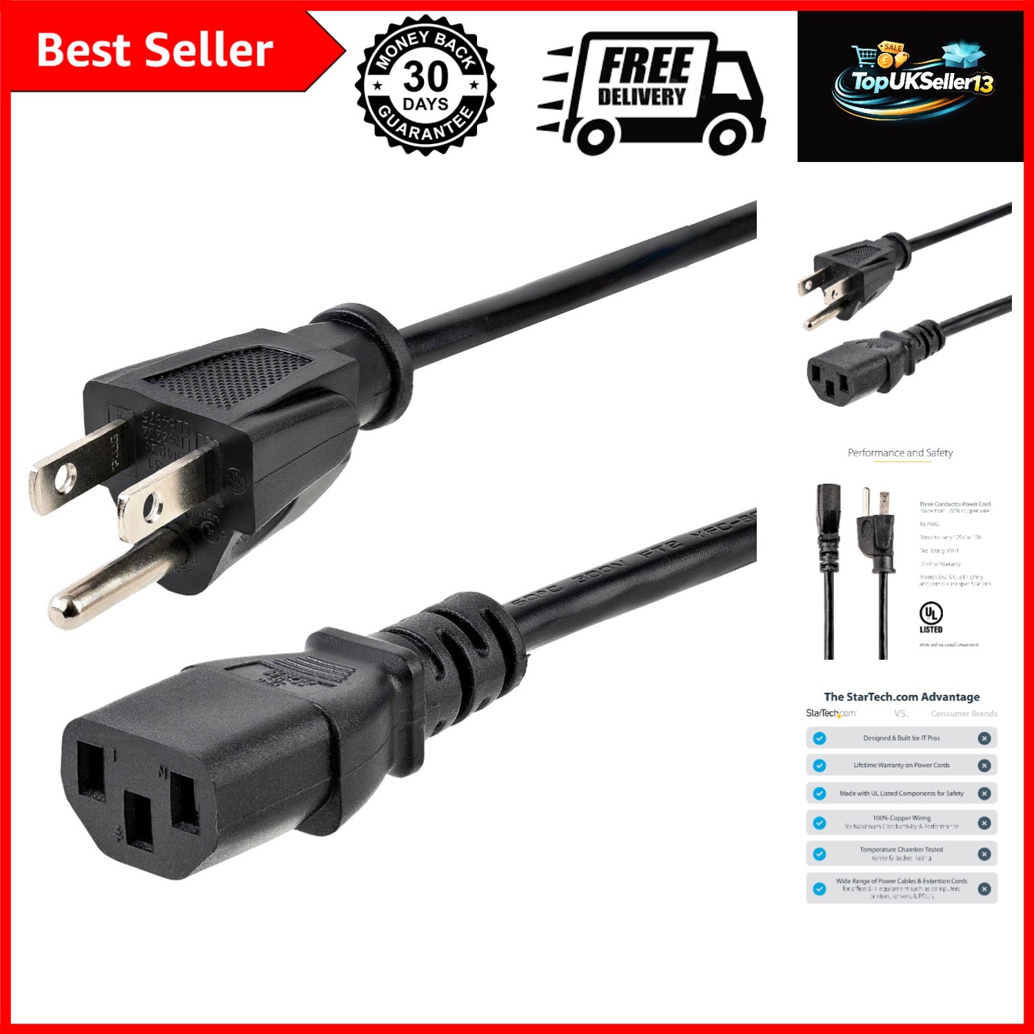 StarTech 10ft Computer Power Cord, 10A 125V, 18AWG, Black