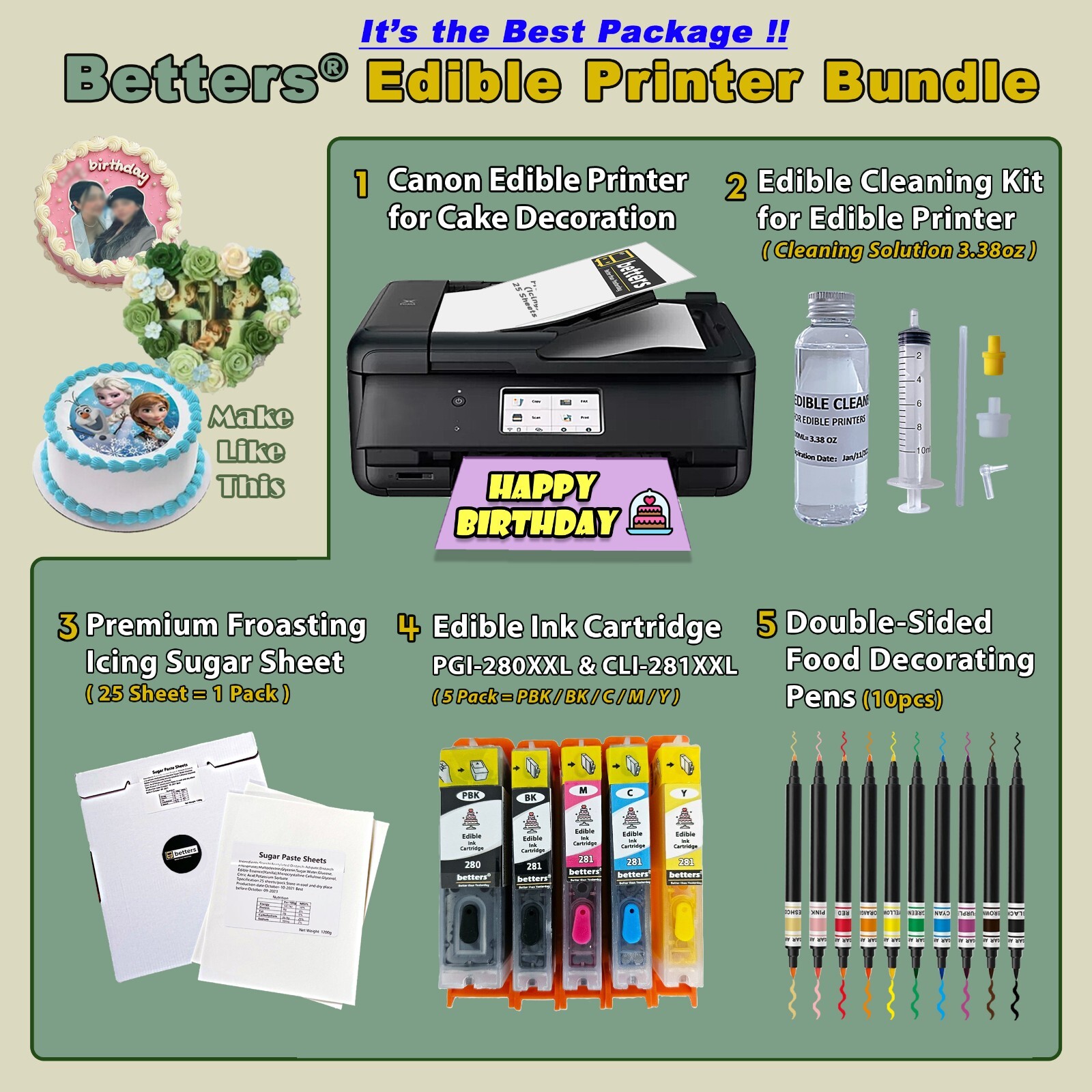 Edible Printer bundle- edible Ink & 25 Frosting Sheets & 10 food Pens &Clean Kit