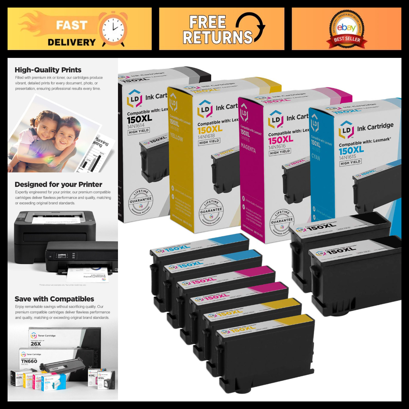 High Yield Ink Cartridge Set 8-Pack for Lexmark 150XL - 2 Black, Cyan, Magenta,