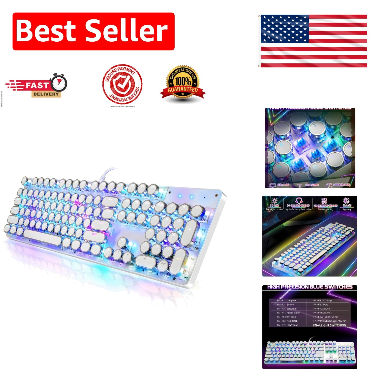 Retro Typewriter Style Mechanical Gaming Keyboard with RGB Backlighting 104 Keys