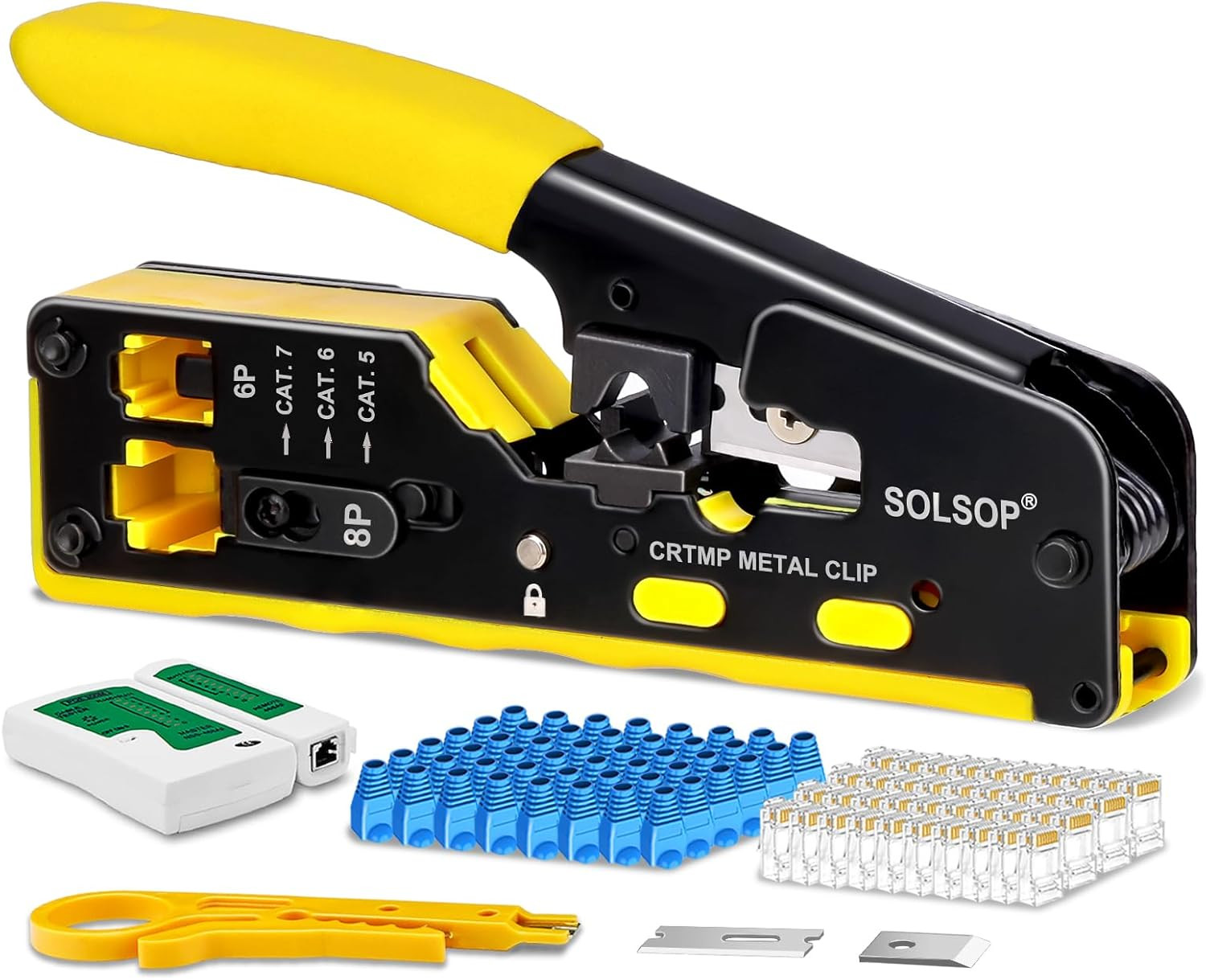 Solsop Pass through RJ45 Crimp Tool Kit All-In-One Ethernet Crimper