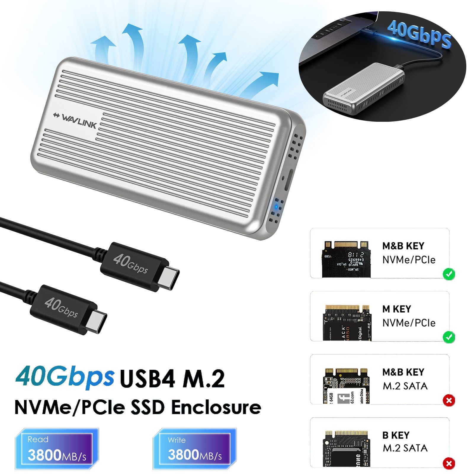 Wavlink 40Gbps PCIe NVMe SSD Enclosure USB 4 External Hard Drive Enclosure