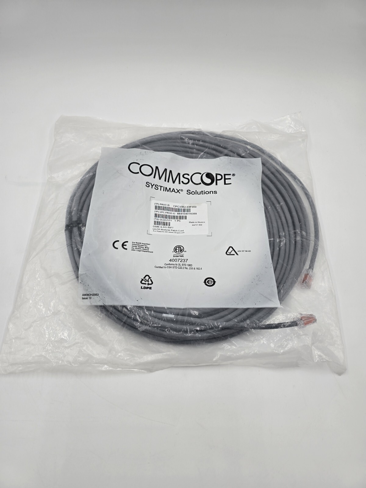Commscope SYSTIMAX 50ft CAT 6 UTP Modular Patch Cord RJ45 To RJ45 GS8E-S-DG-50ft