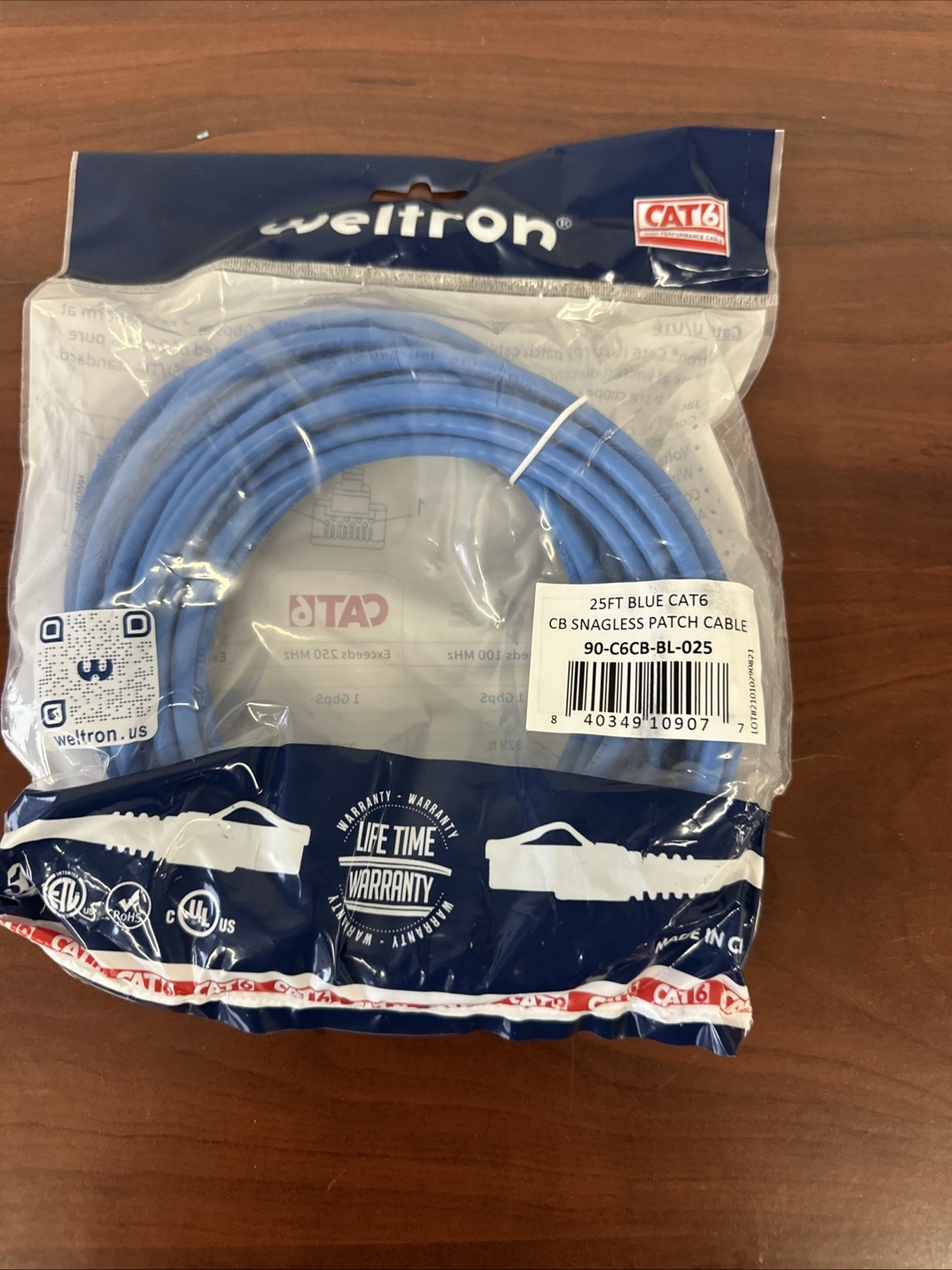 Weltron Cat6 CB Snagless Patch Cable 25’ Blue
