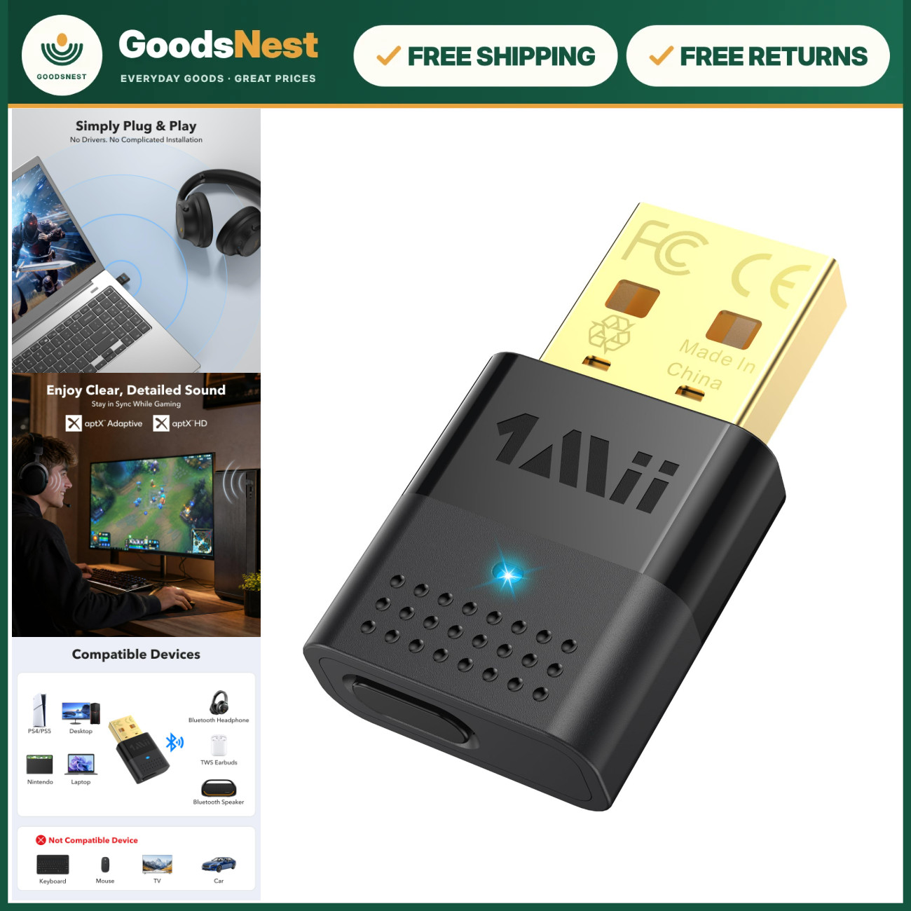 Bluetooth Adapter for PS5 & PC - aptX Low Latency, aptX Adaptive, Wireless Audio