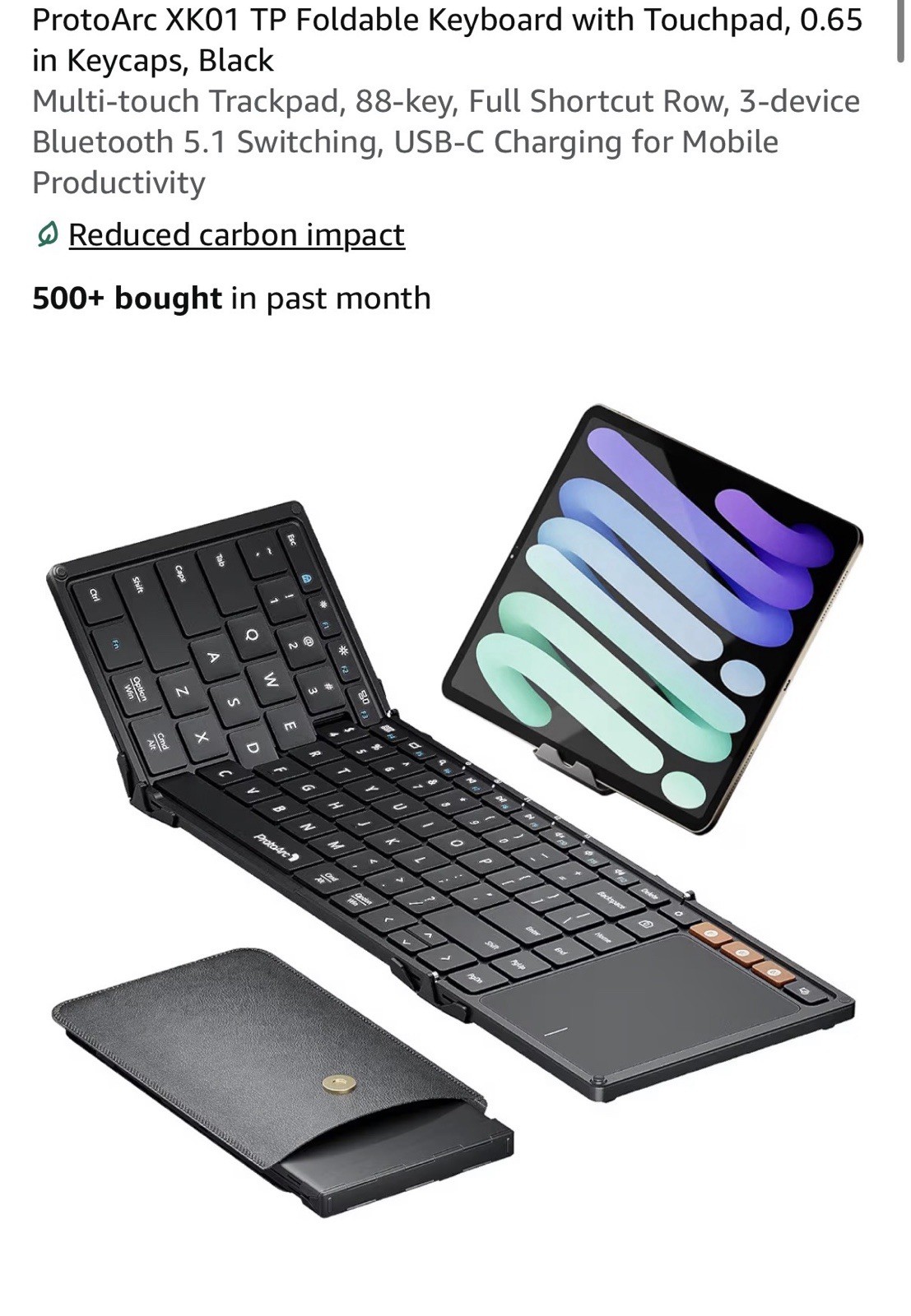 ProtoArc XK01 TP Foldable Keyboard with Touchpad, 0.65 in Keycaps, Black. BN.