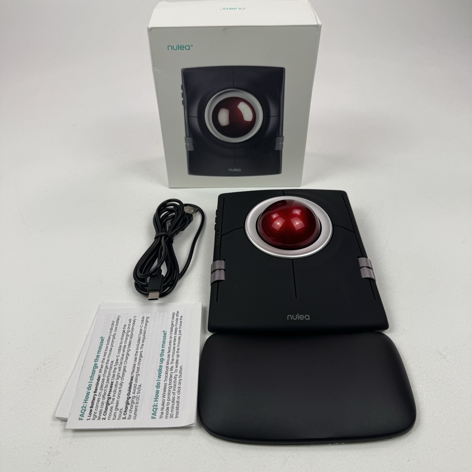 Nulea M512 Wireless Bluetooth Gray Trackball Mouse Ergonomic w/ Wrist Pad