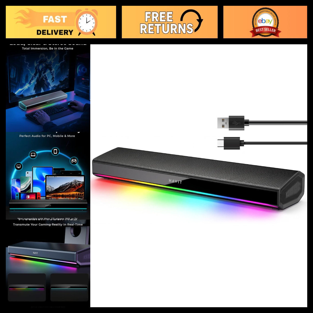 Bluetooth 5.3 Computer Speakers, HiFi Stereo Soundbar with Dynamic LED Light, Po