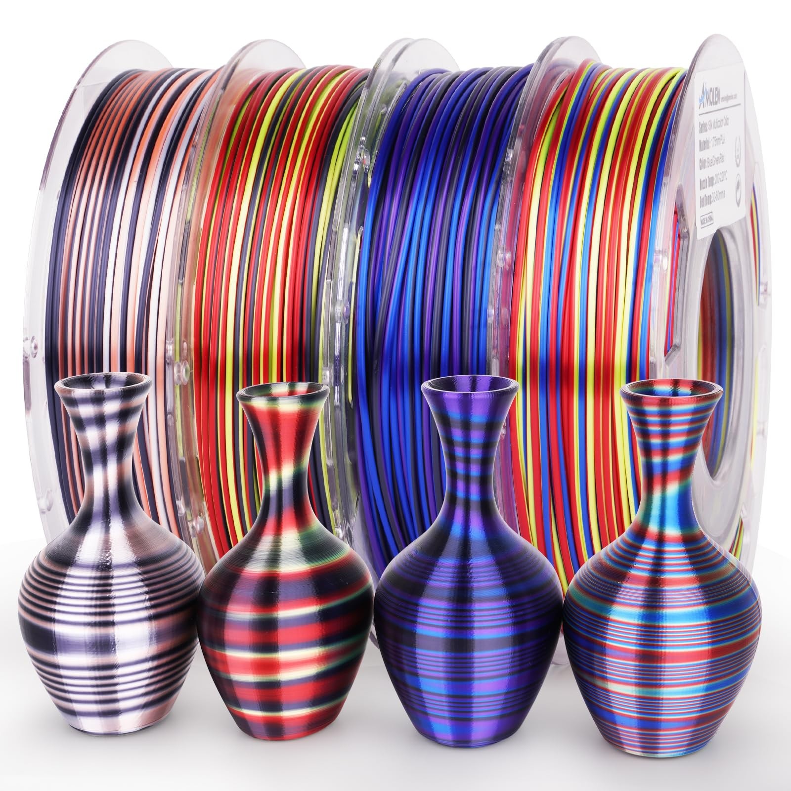AMOLEN Silk PLA 3D Printer Filament Bundle, Shiny Multicolor Rainbow PLA Filamen