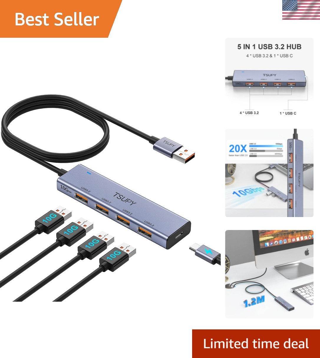 Sleek USB Hub 3.2 - 10Gbps Fast Data Transfer with Aluminium Design & 4ft Cable