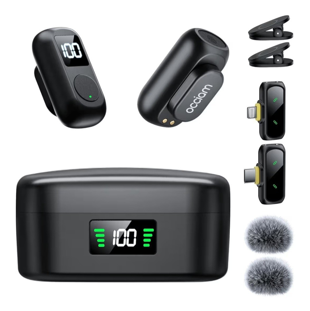 Occiam Wireless Clip-On Lavalier Mic Set, Noise Reduction, USB-C/Lightning