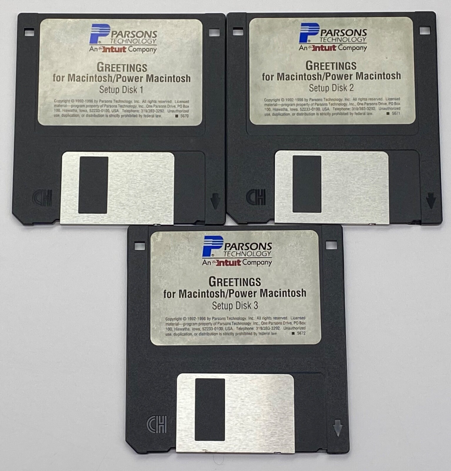1992 Parsons Technology Greetings for Power Macintosh Setup Floppy Disks 1-3