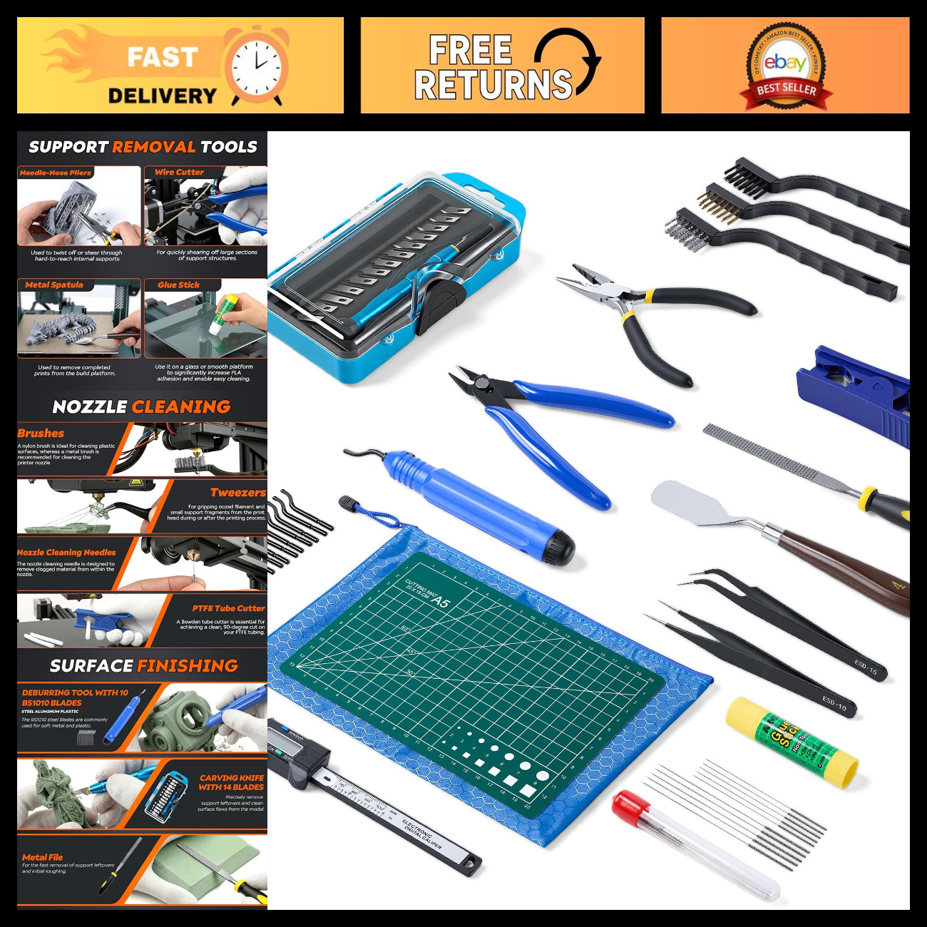45 Pcs 3D Printer Tool Kit - Cleaning, Finishing, Measuring & Support Removal To