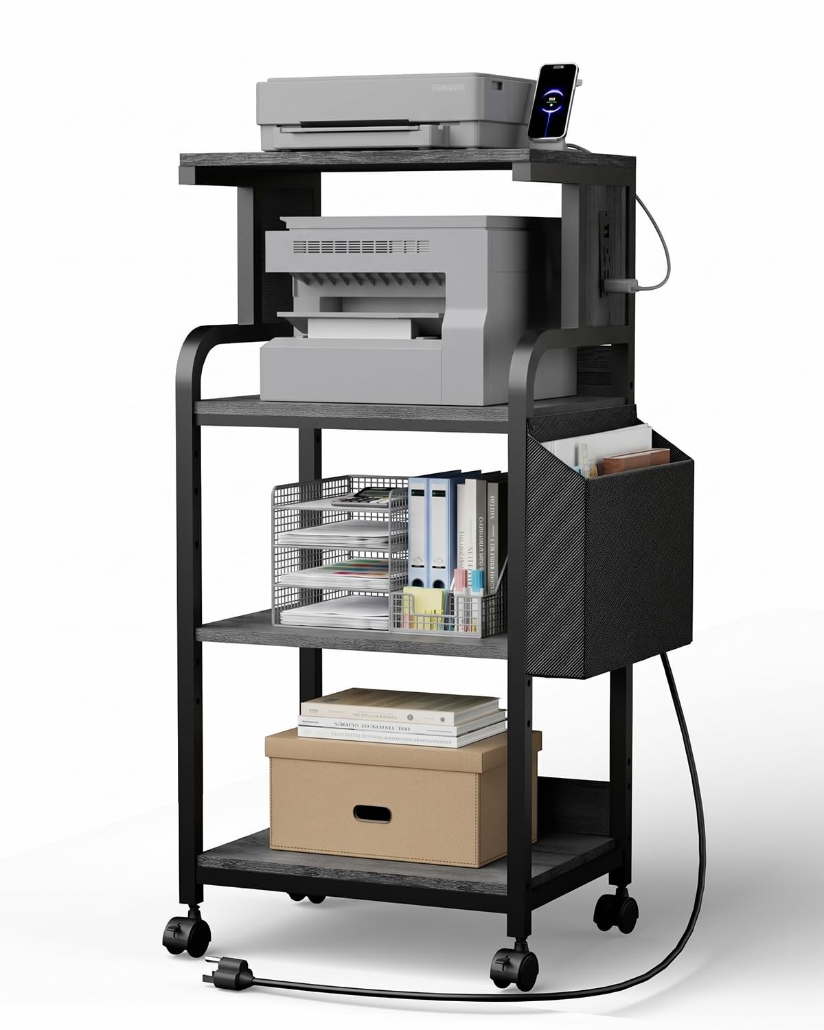 4-Tier Printer Stand with Storage, Printer Cart with Adjustable Shelf