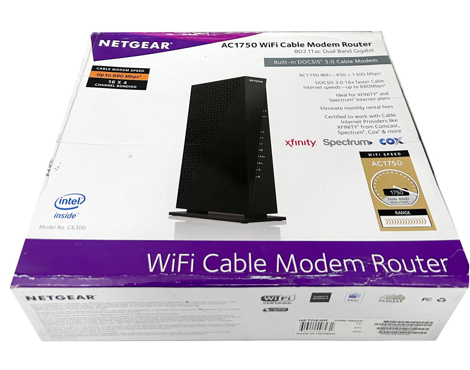 NETGEAR AC1750 WiFi Cable Modem Router Dual Band Gigabit C6300-100NAS