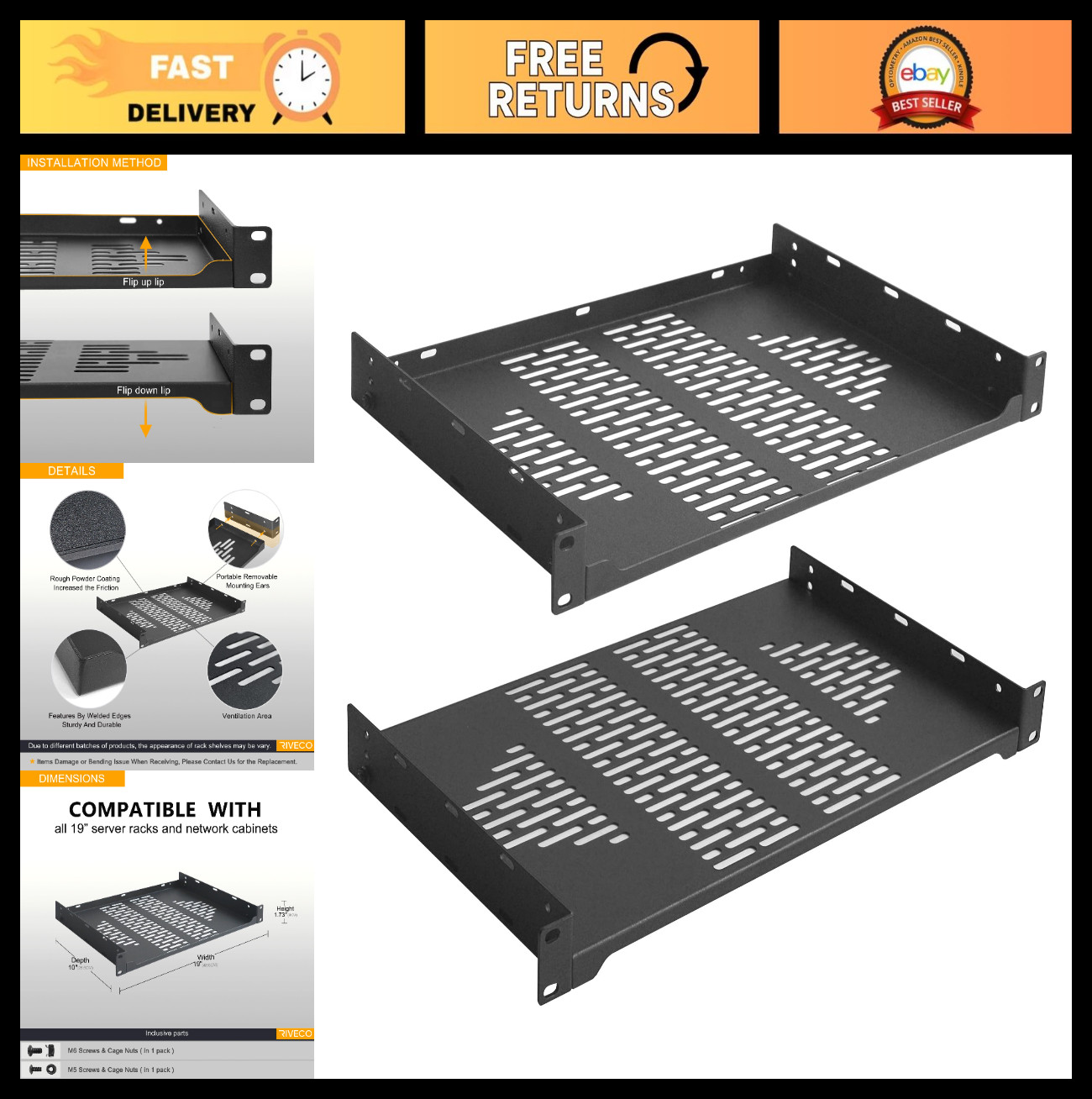 2 PCS 10" Vented Rack Shelves for 19" Network Racks & Cabinets, 1U Mount Tray