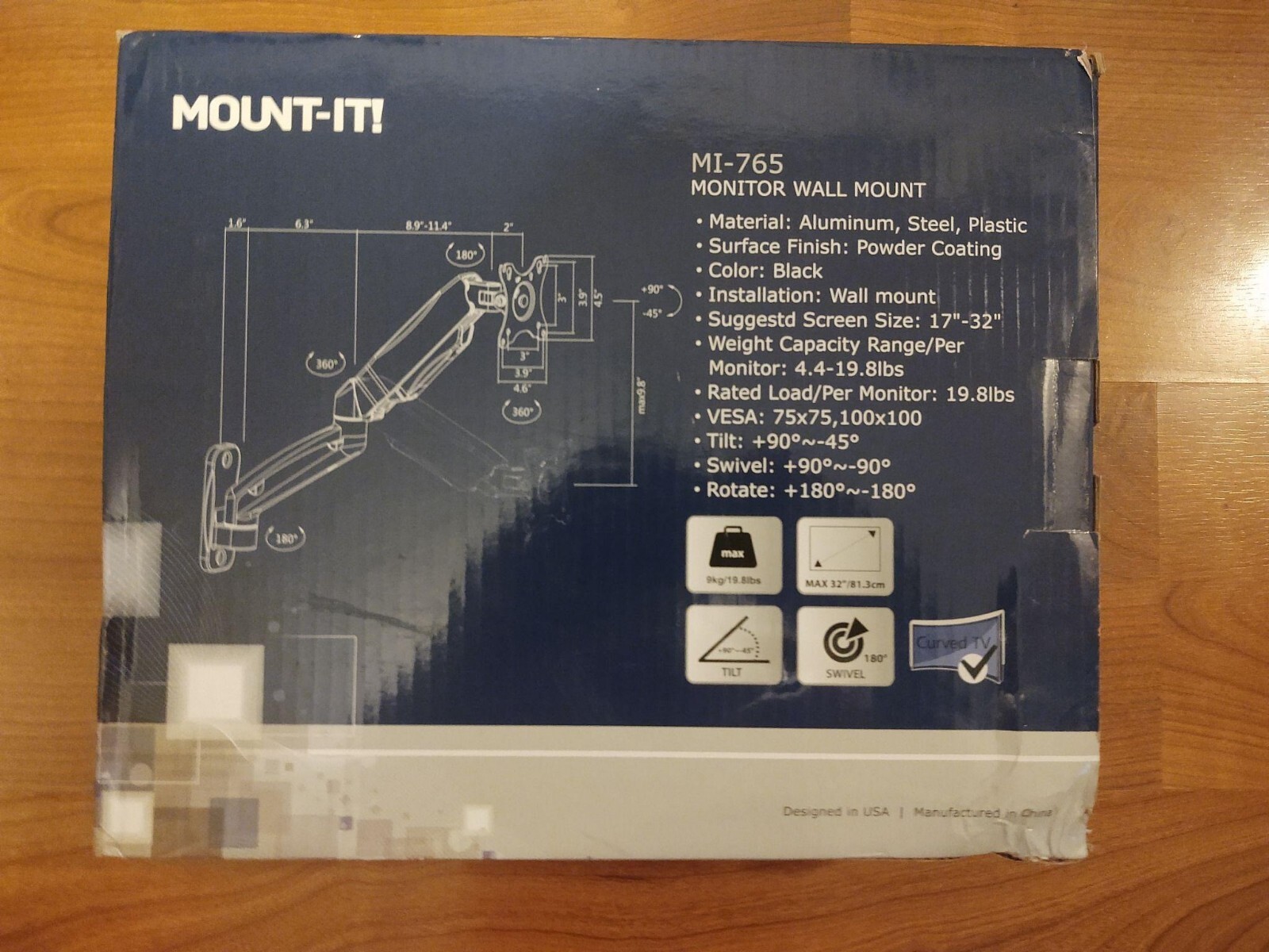 New Mount-It Height Adjustable Monitor Wall Mount Arm for 13"-32" Monitor MI-765
