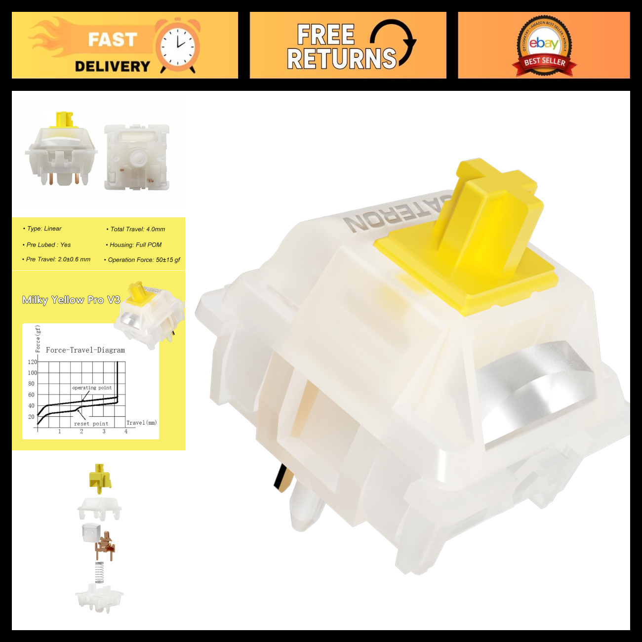 Pre-Lubed Linear 5 Pin Keyboard Switches - Gateron Milky Yellow Pro V3 (108PCS)