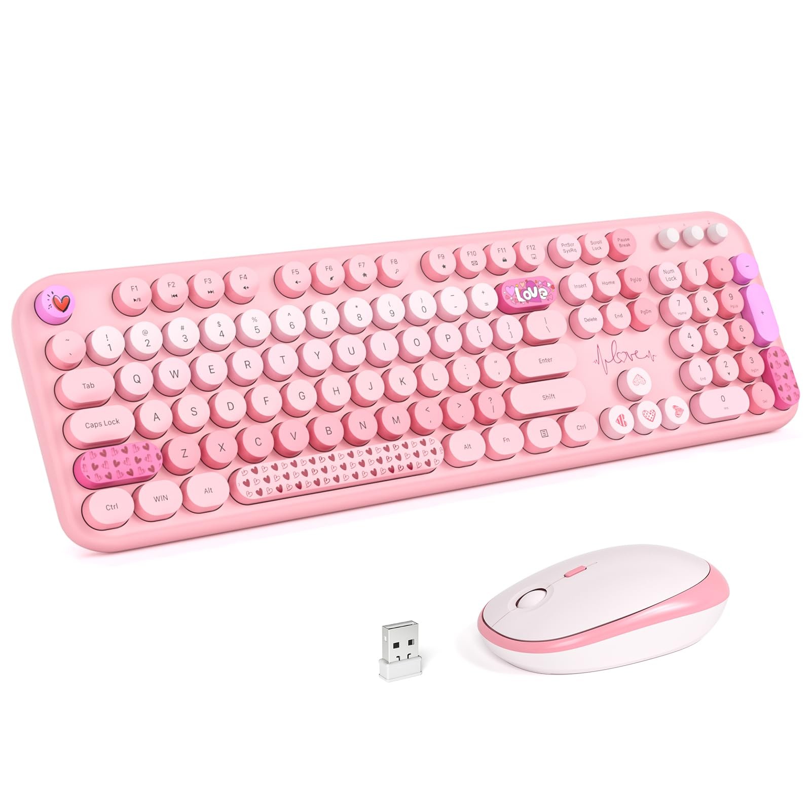 Pink Rainbow Wireless Keyboard Mouse Combo FullSized Retro Typewriter PC