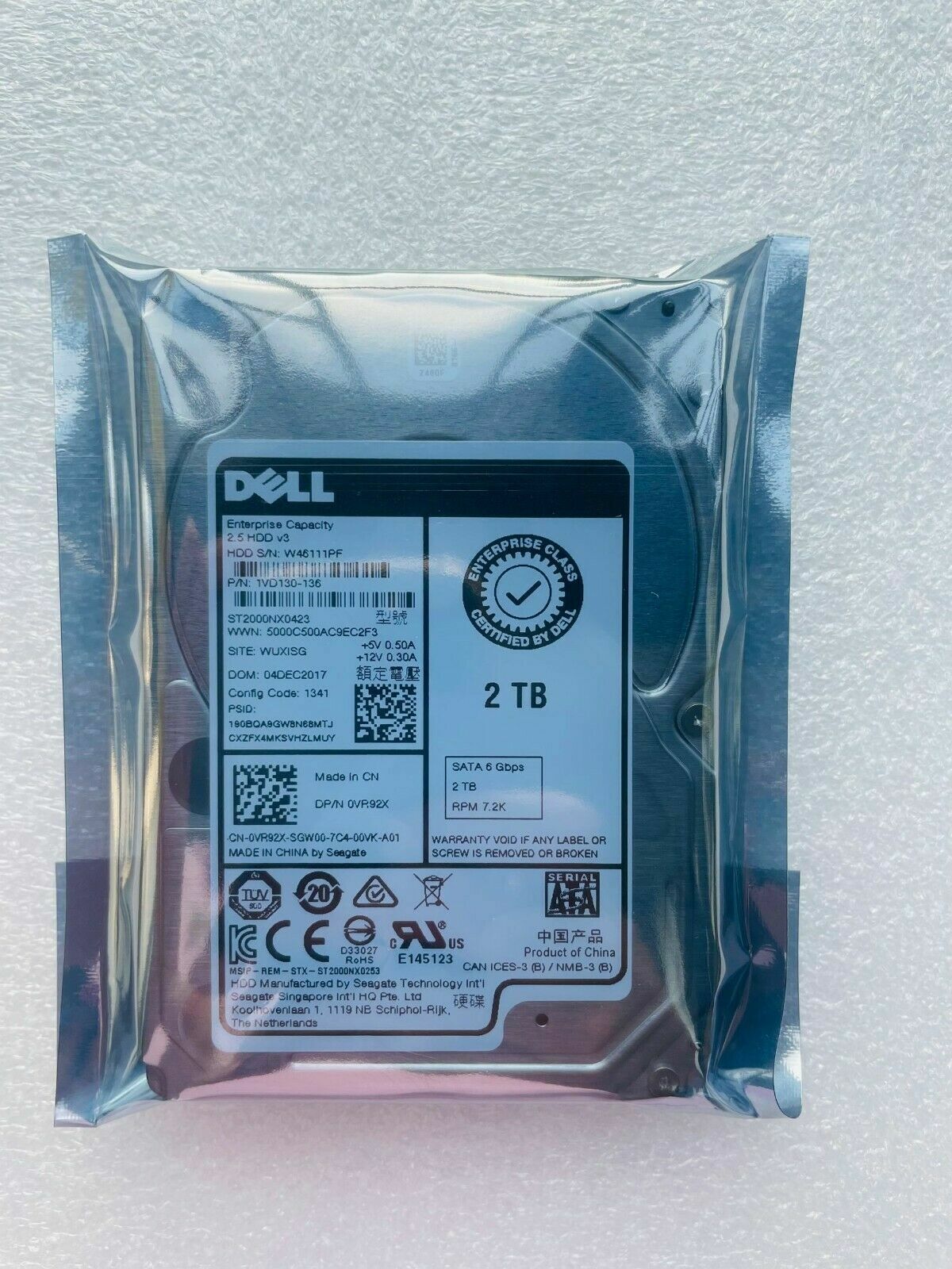 FOR DELL 0VR92X 2TB HDD 7.2K RPM 2.5" 6Gb/s SATA Model: ST2000NX0423 DP/N: VR92X