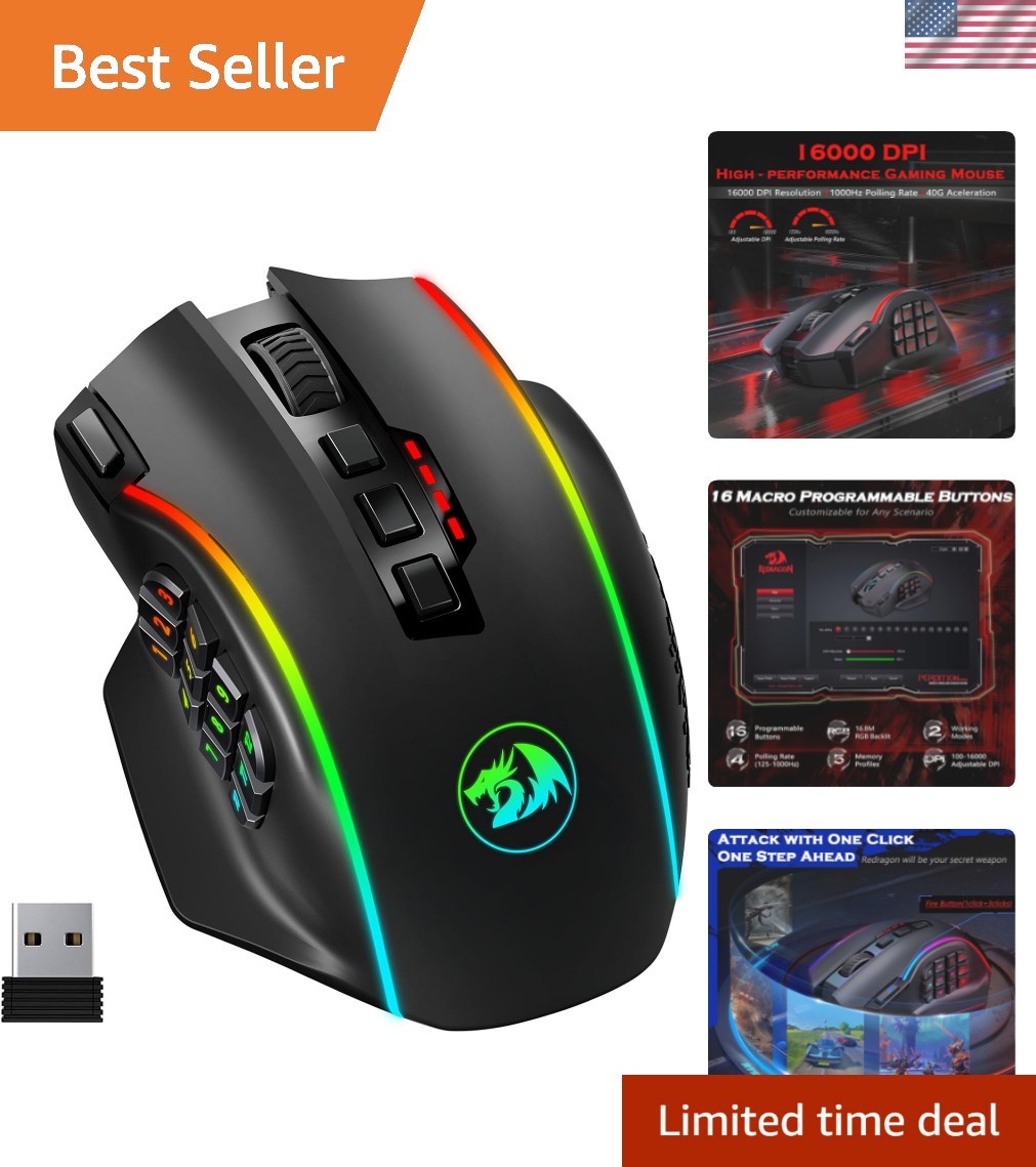 Wireless Gaming Mouse with 16,000 DPI & RGB Lights - Ergonomic Design for Gamers