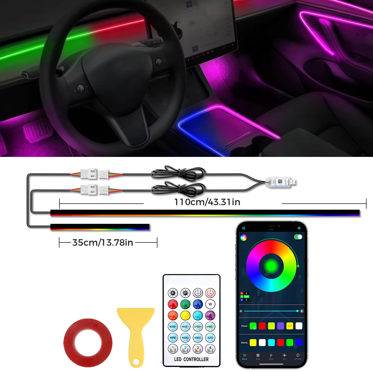2-IN-1 USB RGB Car Interior Floor Atmosphere Light Strips Phone & APP Control