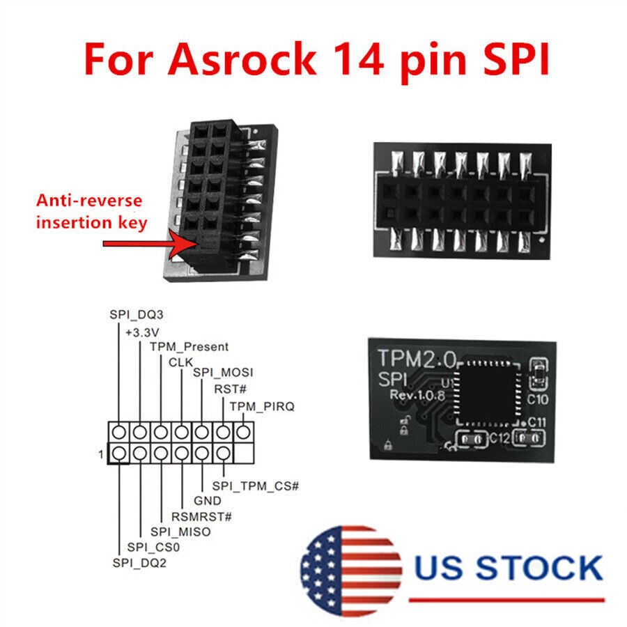 TPM 2.0 Security Module Board For ASROCK 14 PIN SPI Motherboard Windows 11 -USA