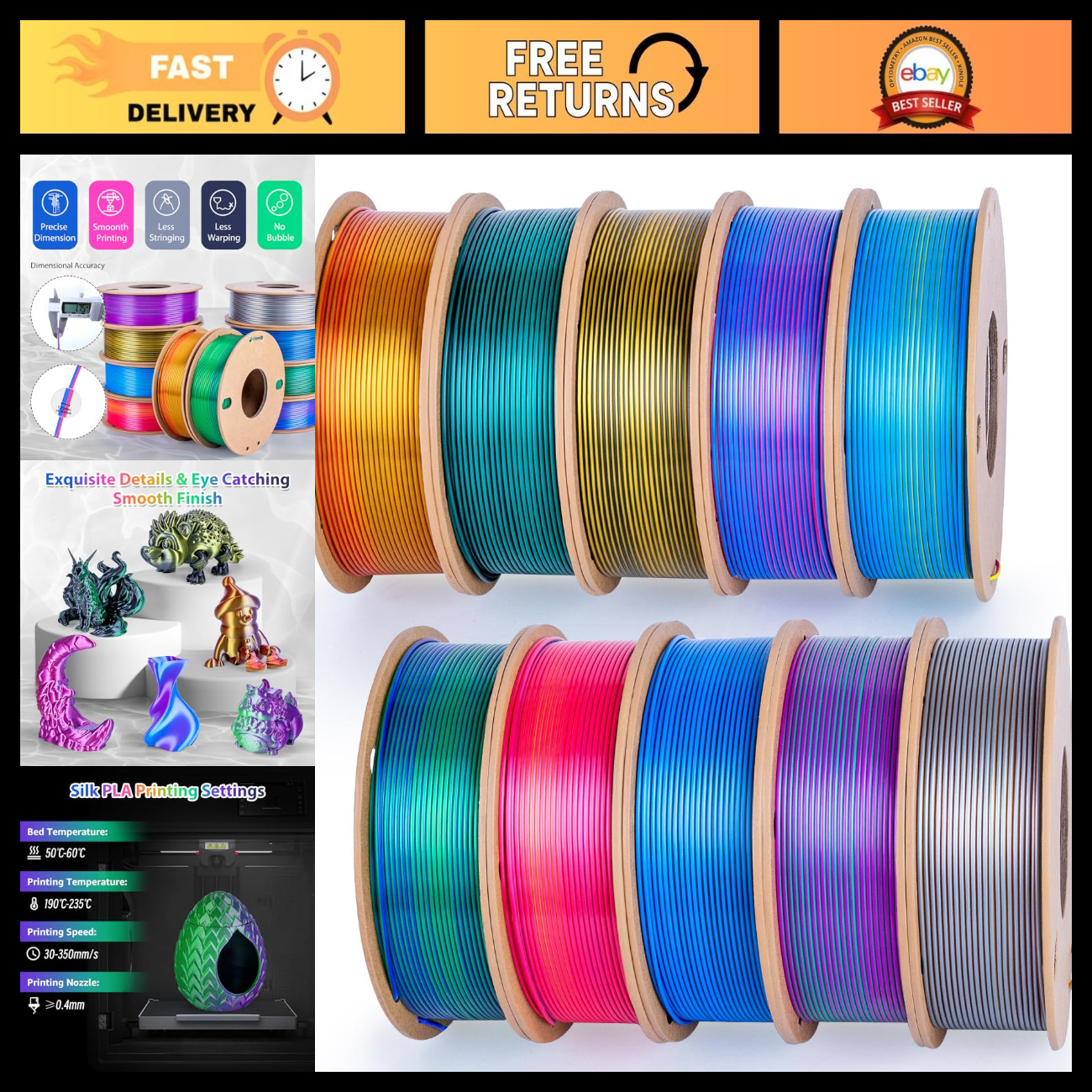 Shiny Metallic Multi-Color Silk PLA Filament 1.75mm 10-Pack for 3D Printing Craf