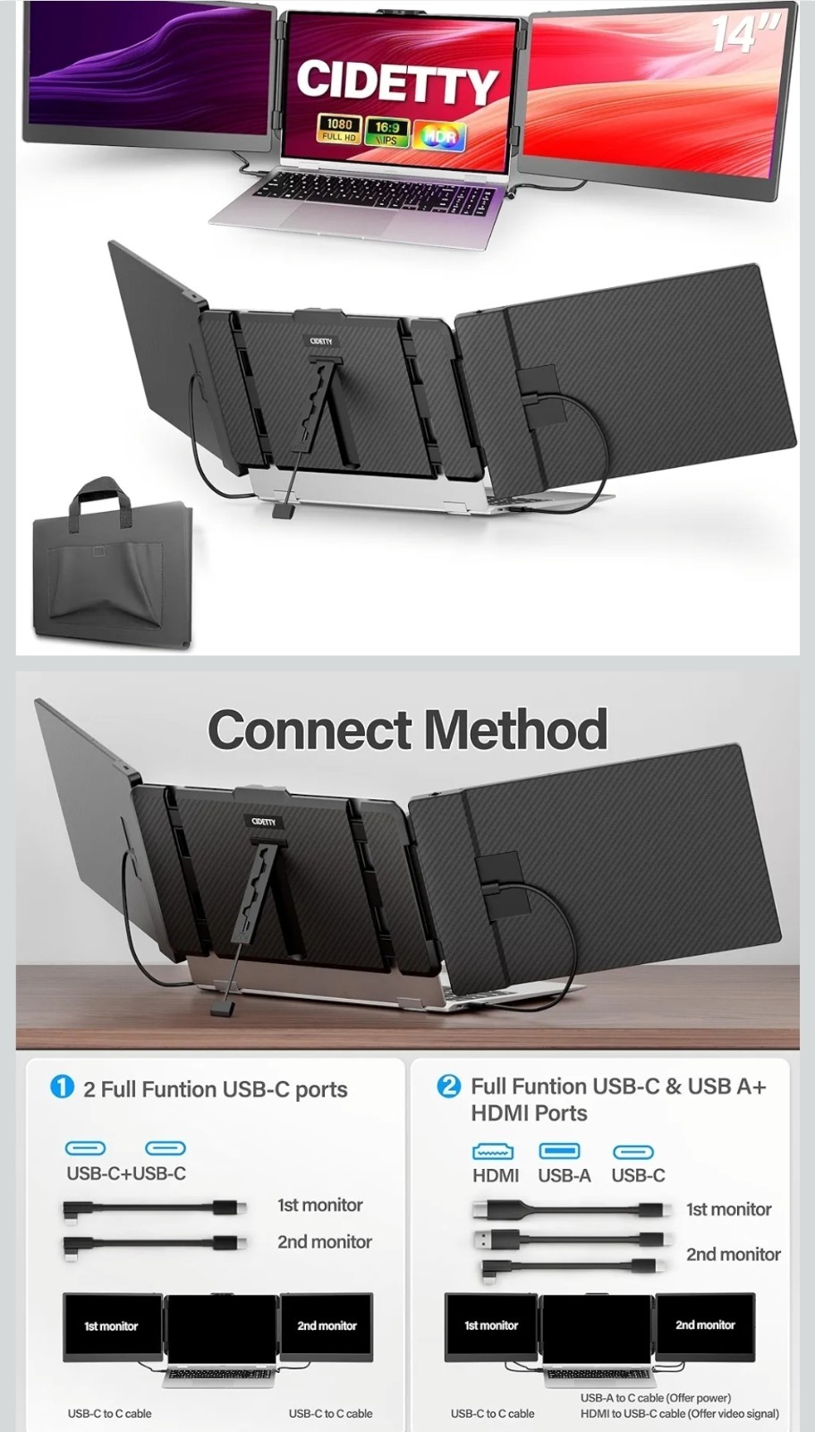 Laptop Screen Extender, 14'' FHD 1080P IPS Ultra-Thin Dual/Triple Monitor..