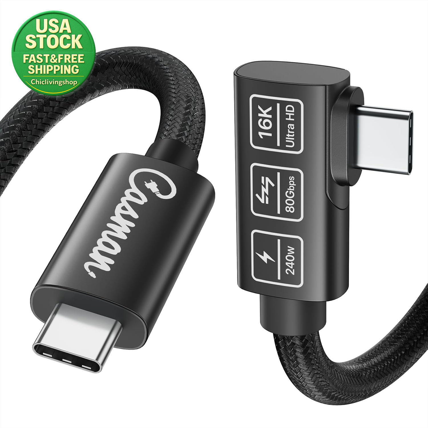 USB4 Cable Right Angle Thunderbolt 5 80Gbps 240W 3.3Ft Data Charging Cord
