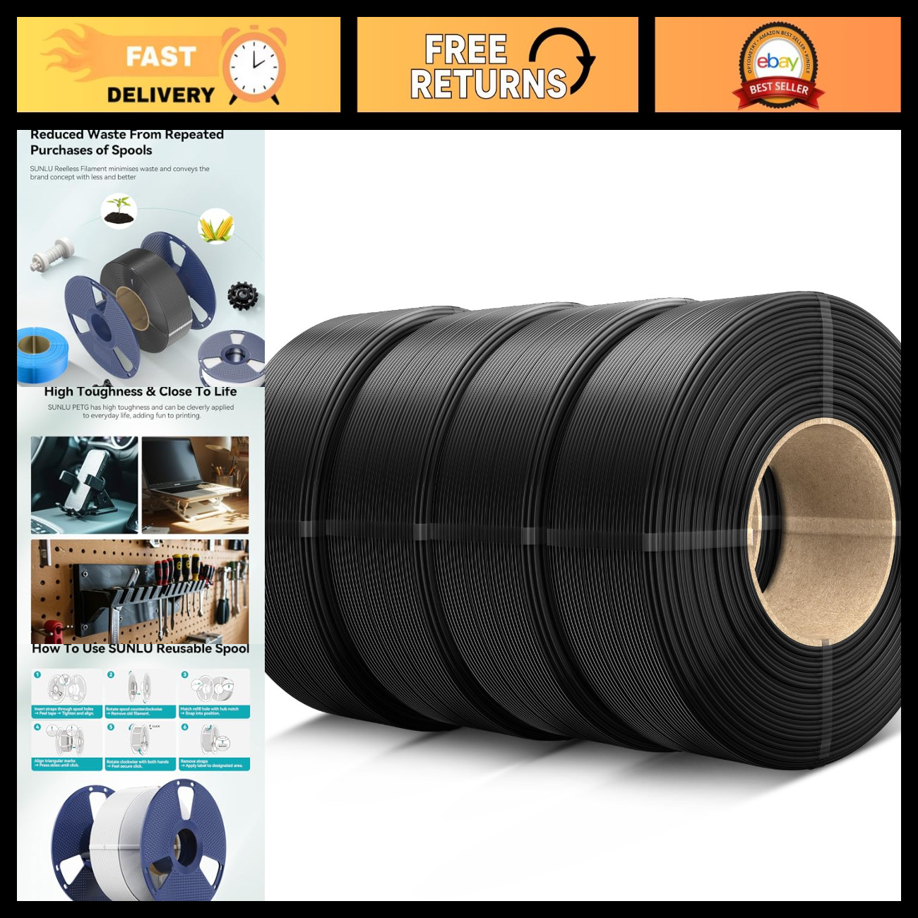 1.75mm Black 3D Printer Filament Refill - 4 Pack, High-Quality, Durable Material