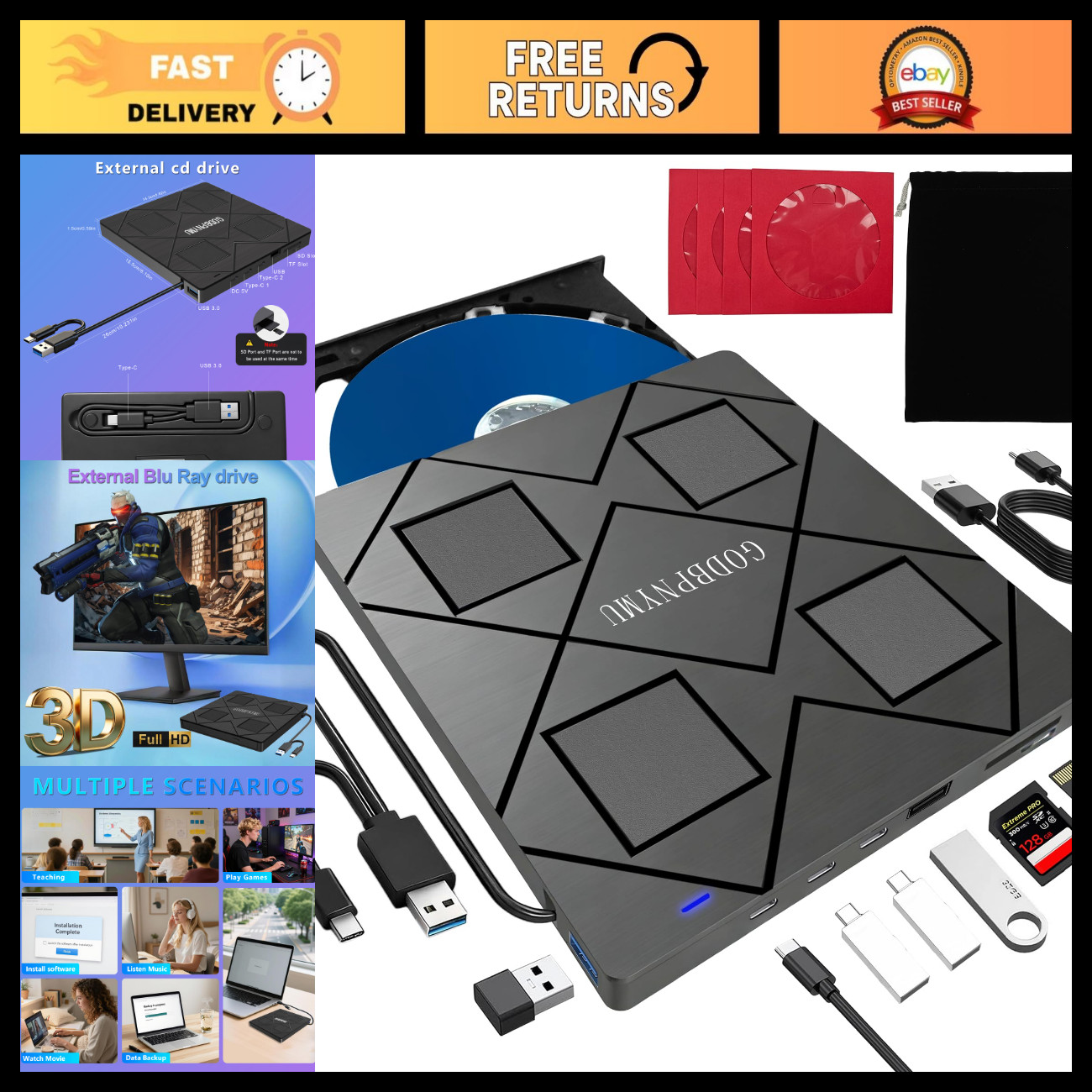 8-in-1 USB-C Blu-ray Drive, Hub & Card Reader for Laptop - External Multi-Functi