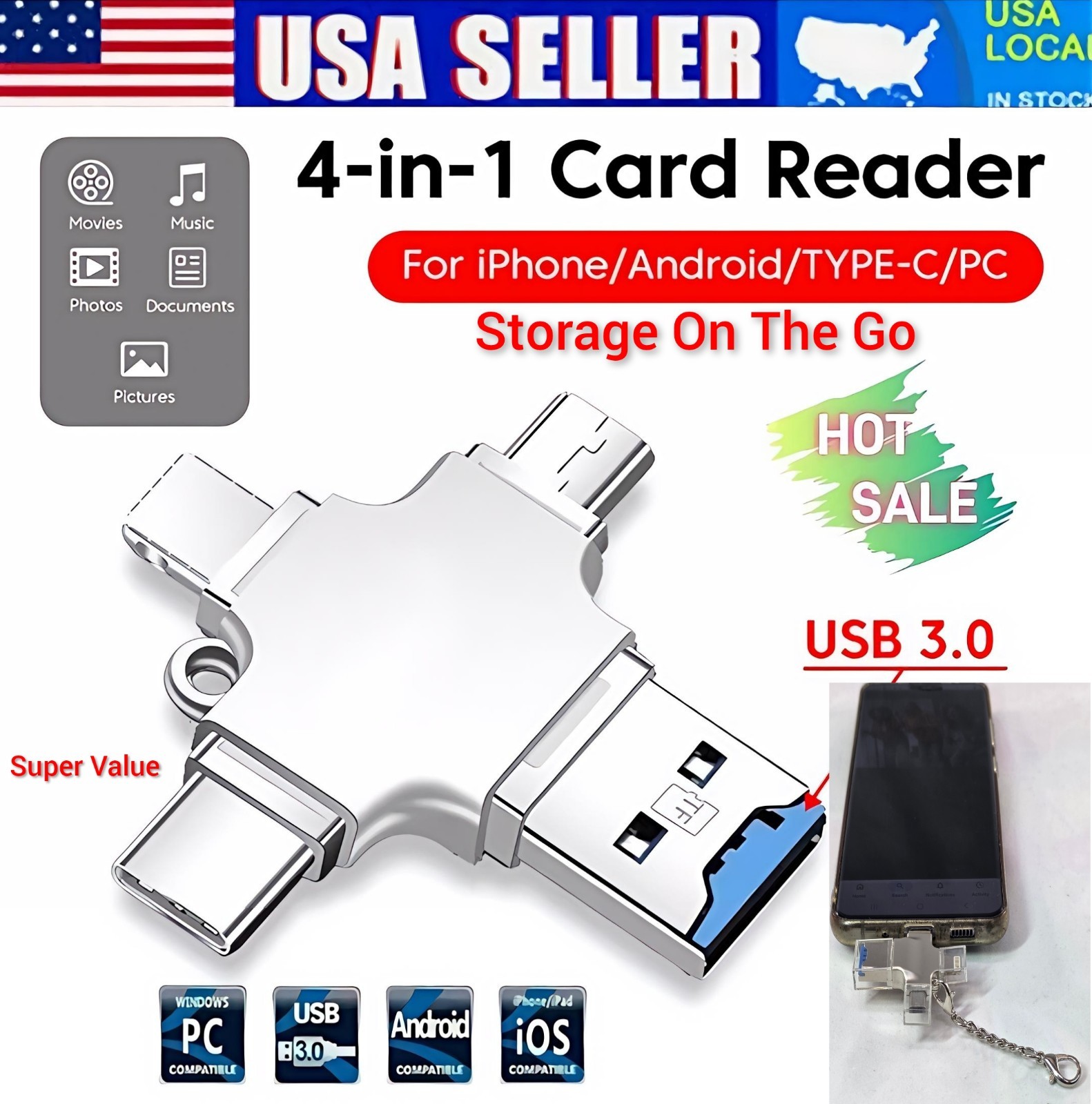 USB 3.0 TF/SD 64GB Card Adapter Flash Drive Type-C OTG  iPhone&Android PC