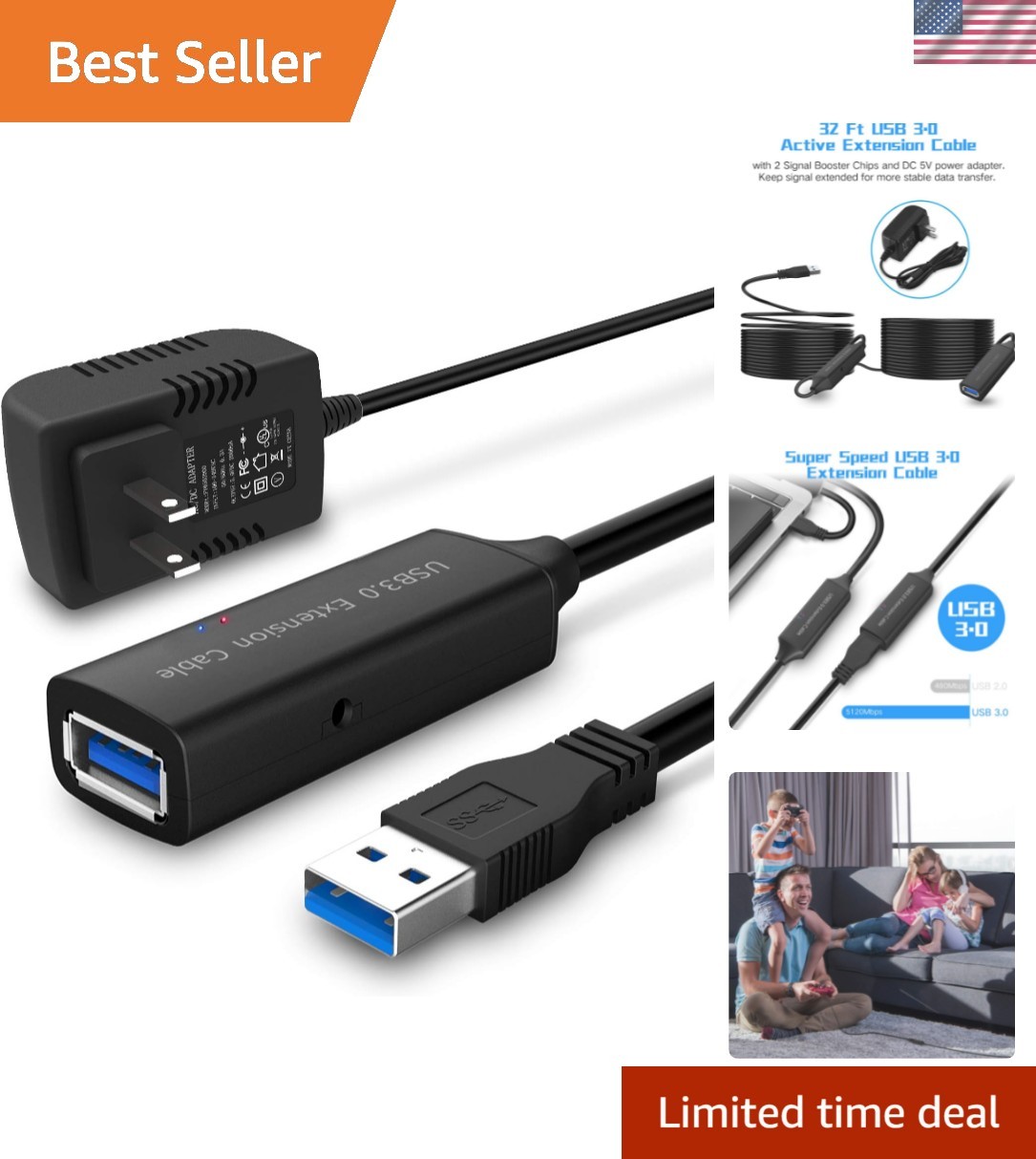 32ft USB 3.0 Active Extension Cable with Power Adapter - Fast Data Transfer